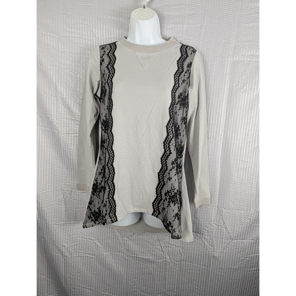 DG2 by Diane Gilman Lace Panel Sweatshirt Tunic Top Womens XS‎ Gray Black Floral